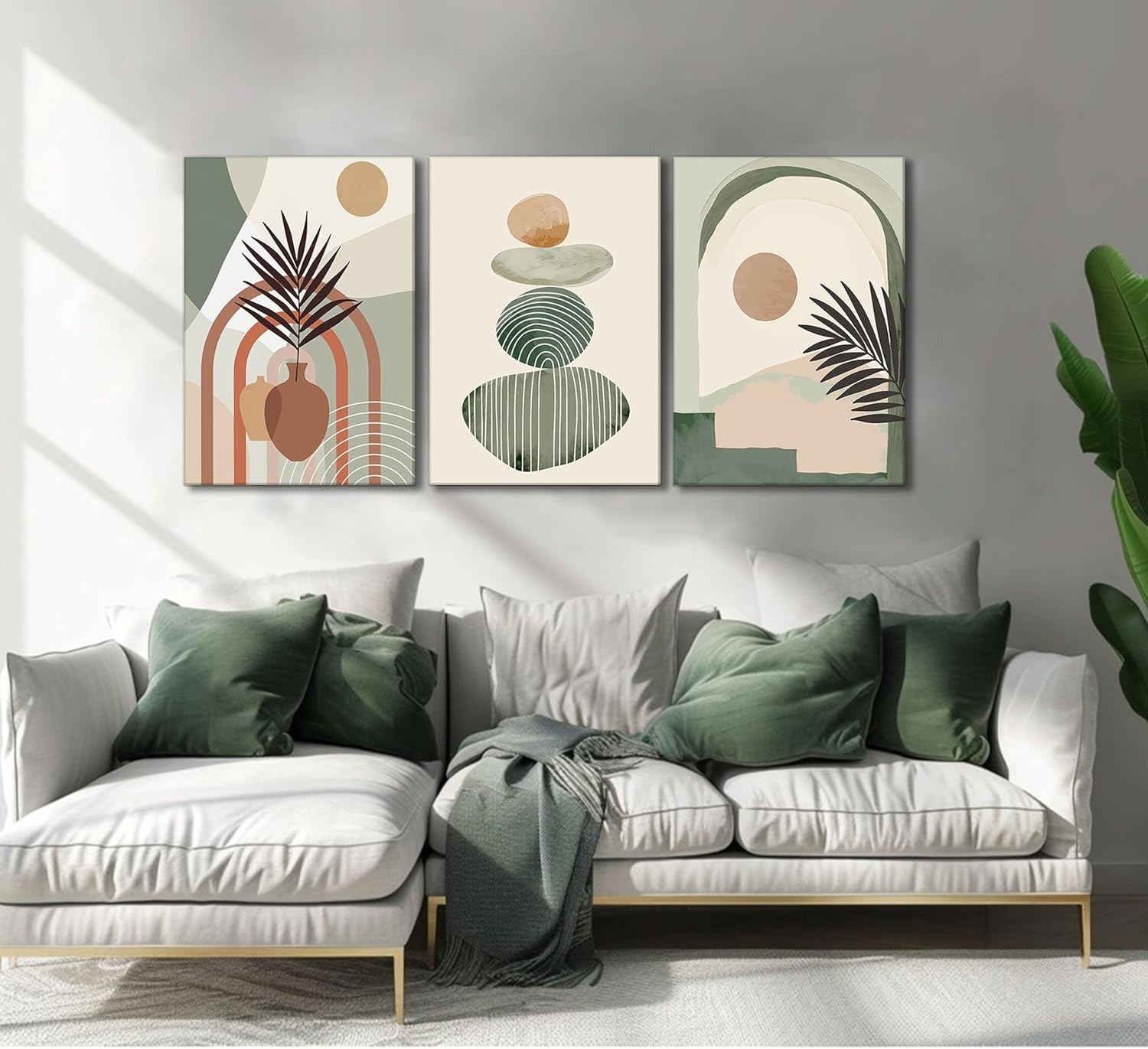 Boho Canvas Wall Art Set 3 Pcs Framed Botanical Decor