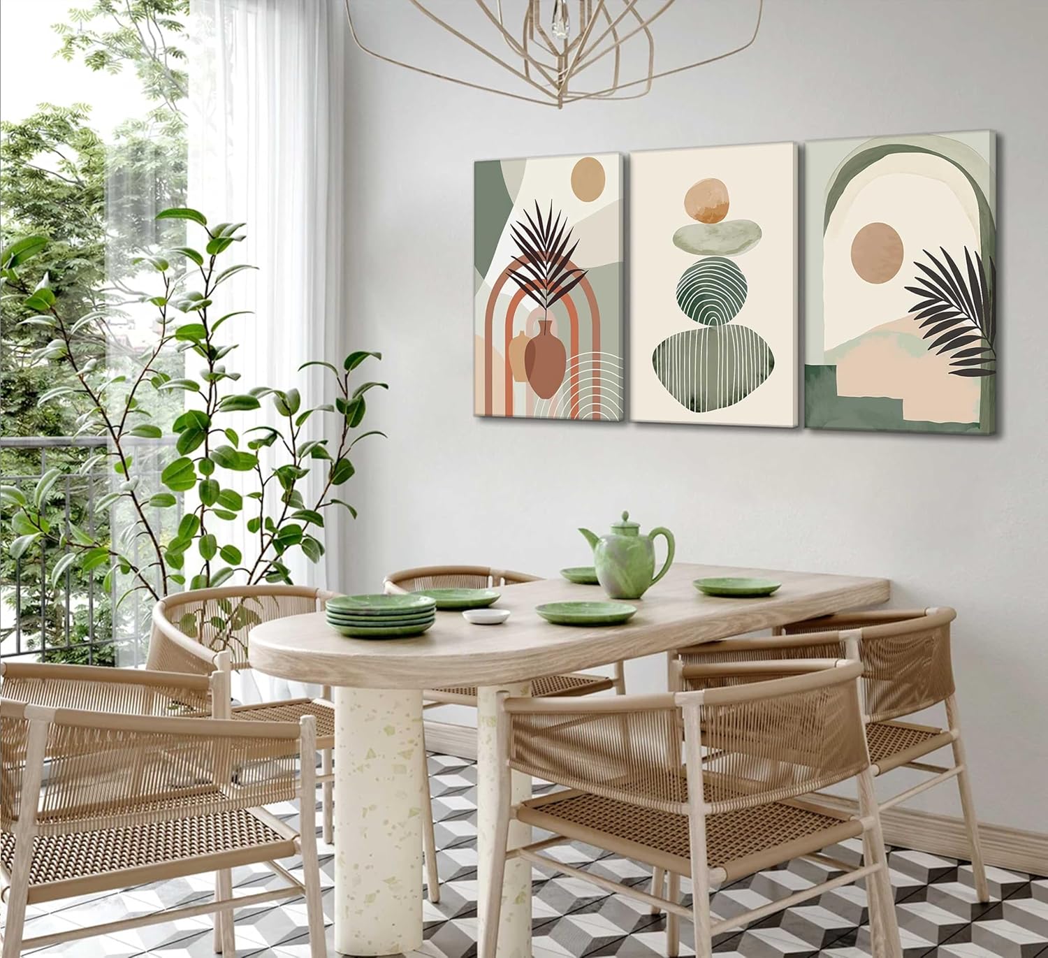 Boho Canvas Wall Art Set 3 Pcs Framed Botanical Decor