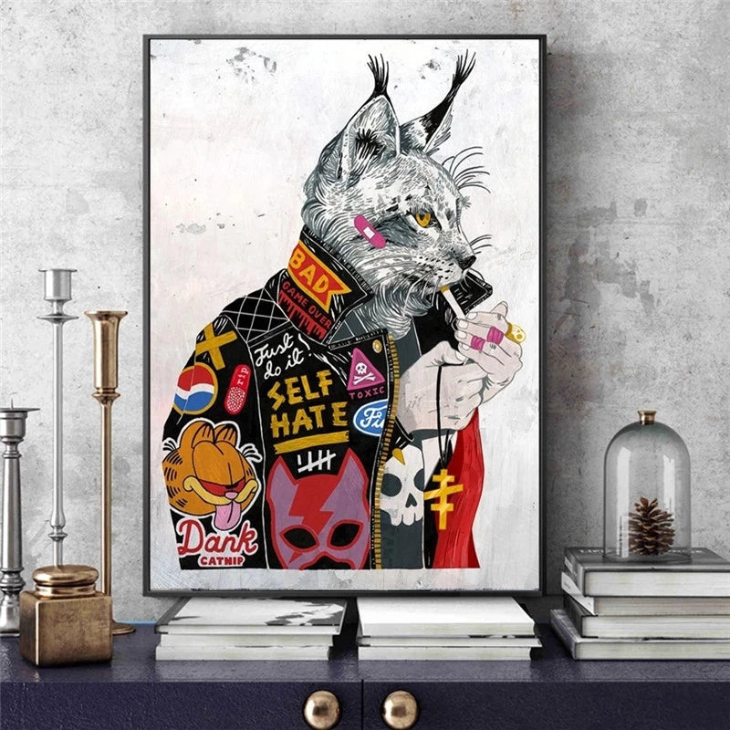 Smoking Cat Graffiti Canvas Art Abstract Wall Decor