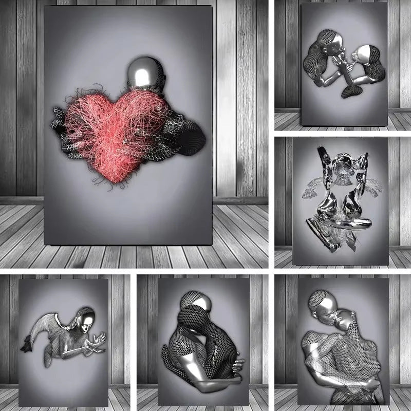 Collage of wire mesh sculptures on a wooden floor with a gray wall.