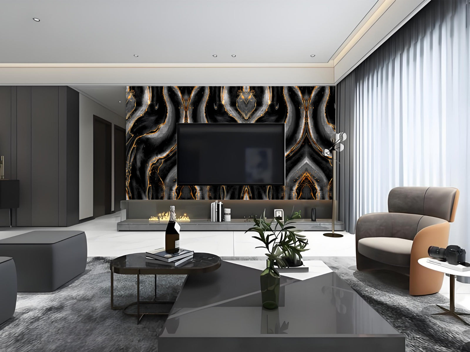 Black marble UV gilding panel with gold accents – bold and elegant wall décor for modern interiors and luxury spaces