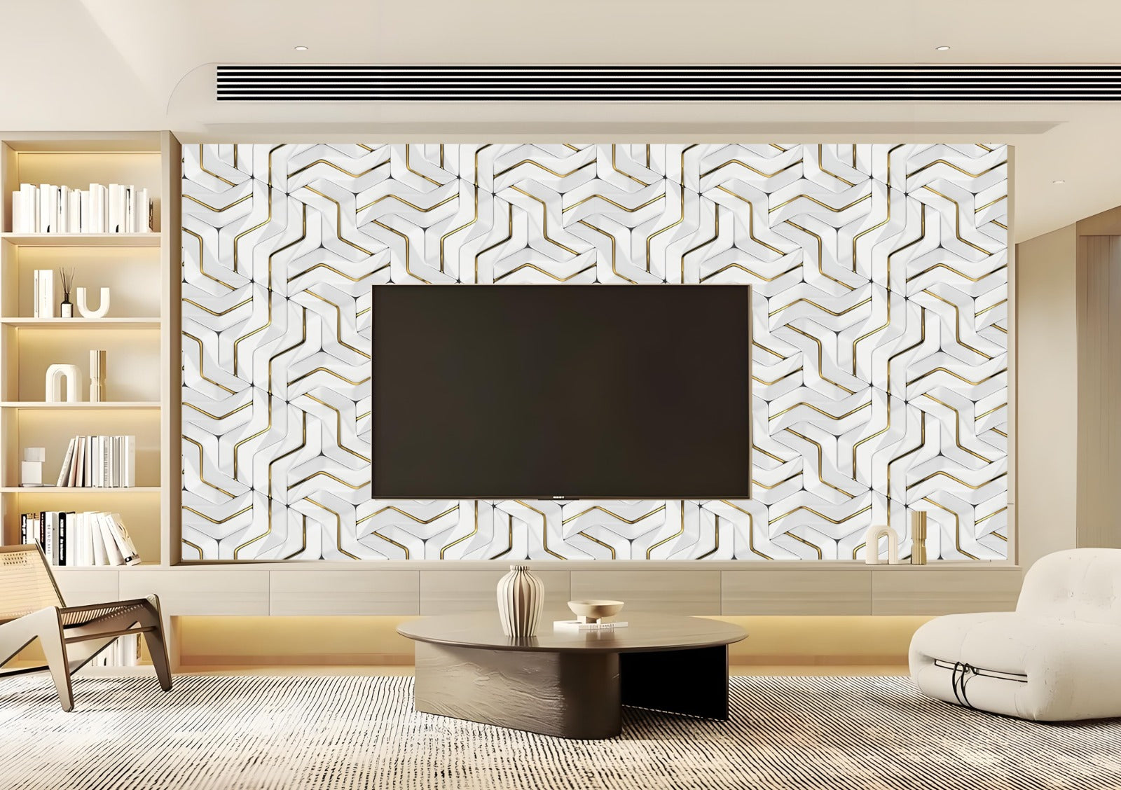 Modern geometric white and gold UV gilding panel – sophisticated luxury wall décor for contemporary interiors