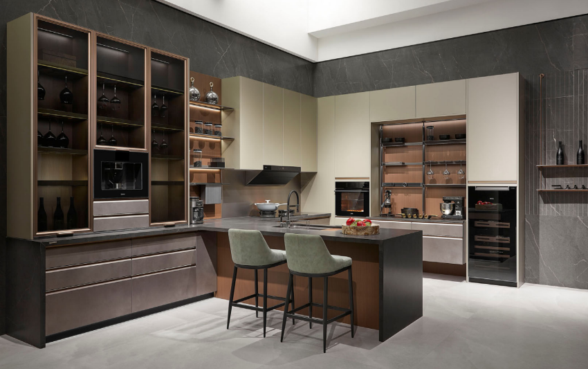 Maestro kitchen design setup with premium UV marble panel sheet – luxury modern kitchen featuring high-gloss marble finish