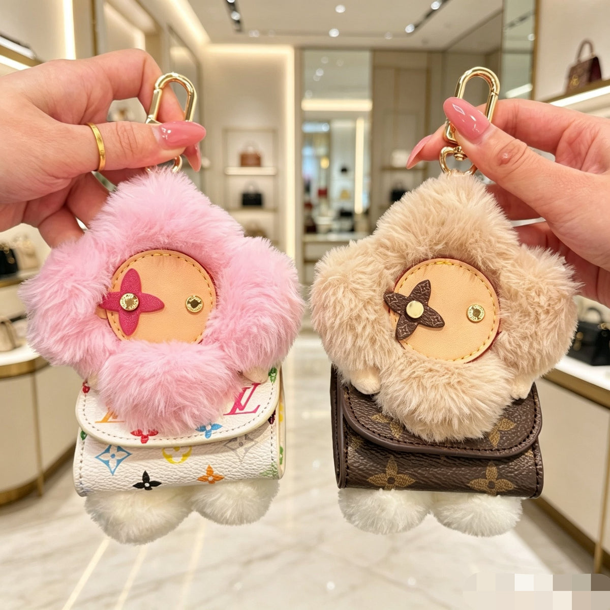 Fluffy Teddy Bear Bag Charm with Mini Purse – Cute Plush Keychain for Women