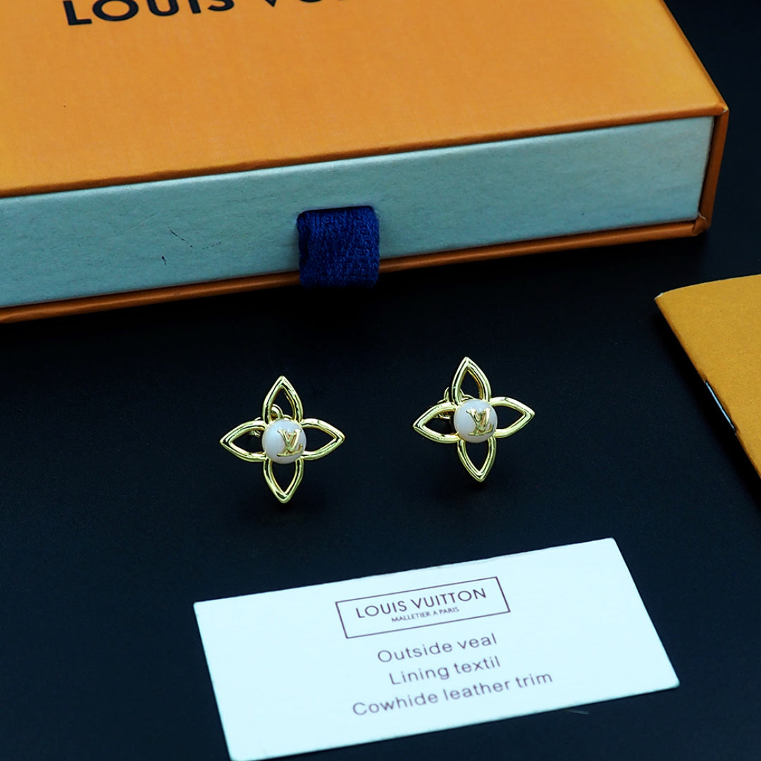 Gold-Tone Floral Stud Earrings with Monogram-Style Center, Elegant Women's Statement Earrings