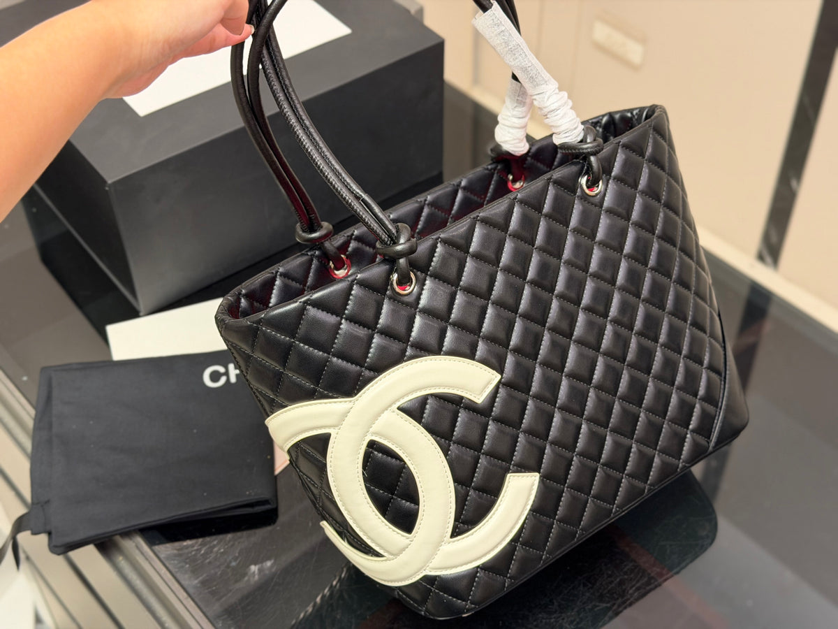 Black Quilted Leather Tote Bag with Interlocking CC Logo, Luxury Shoulder Bag, Large Women's Handbag