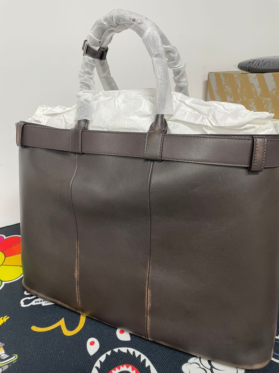 Prada Brown Leather Tote Bag, Structured Handbag, Large Everyday Work Bag, Top Handle Purse, Minimalist Designer Bag