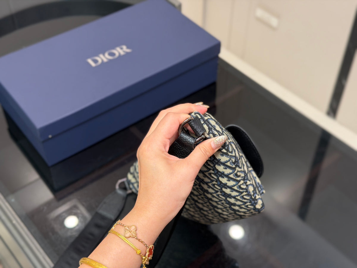 Dior Monogram Canvas Crossbody Bag, Black & Beige Designer Shoulder Pouch with Zipper