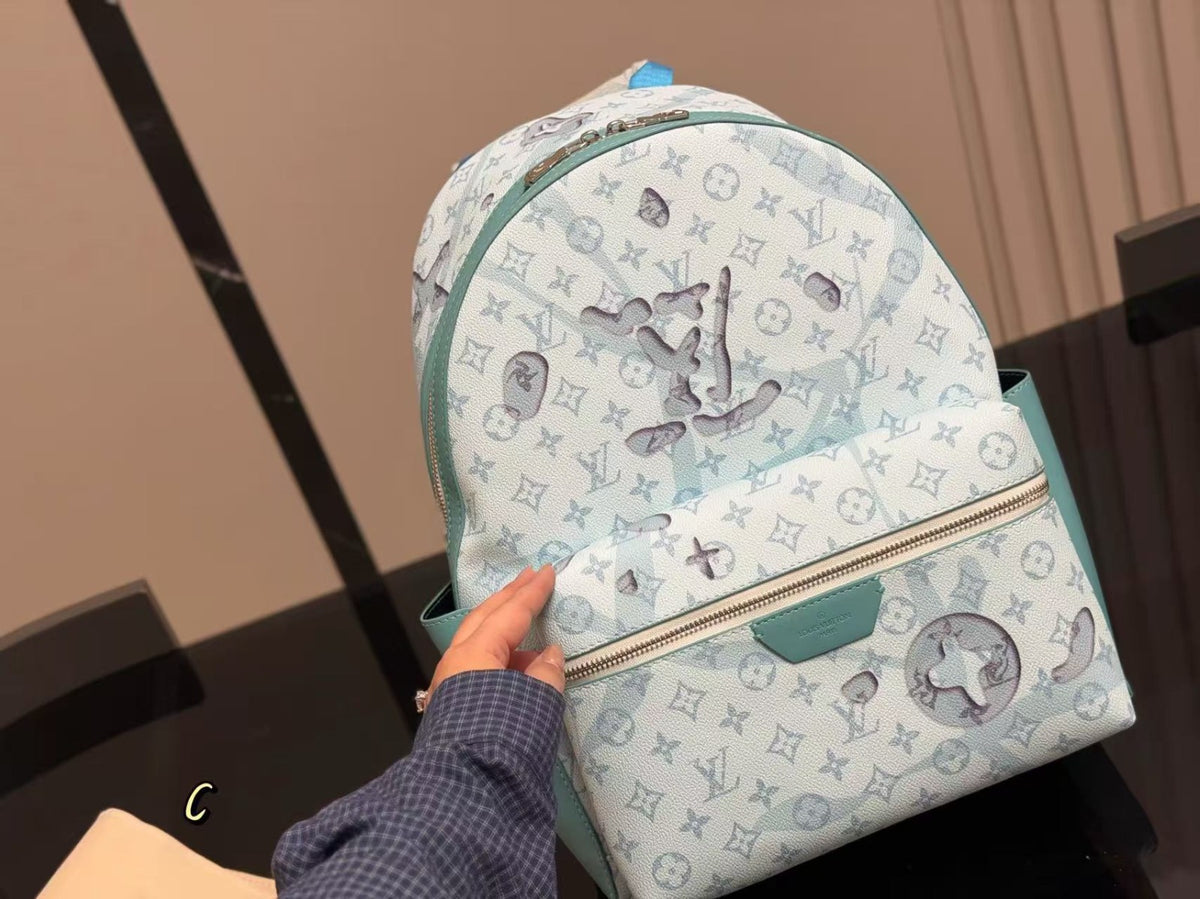 Louis Vuitton Backpack Bag, Monogram Print, Mint Green & White, Leather Trim, Vintage-Inspired Travel Bag