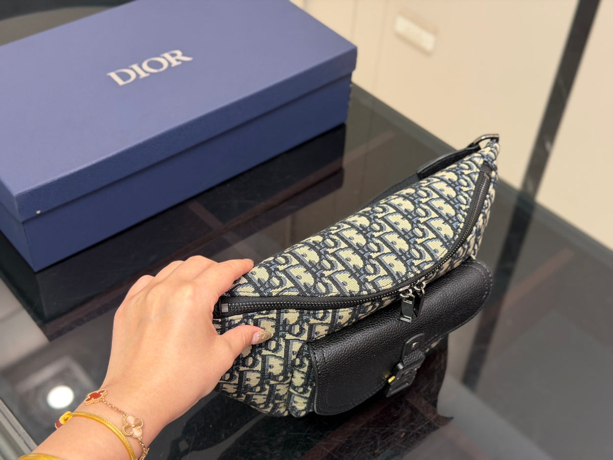 Dior Monogram Canvas Crossbody Bag, Black & Beige Designer Shoulder Pouch with Zipper