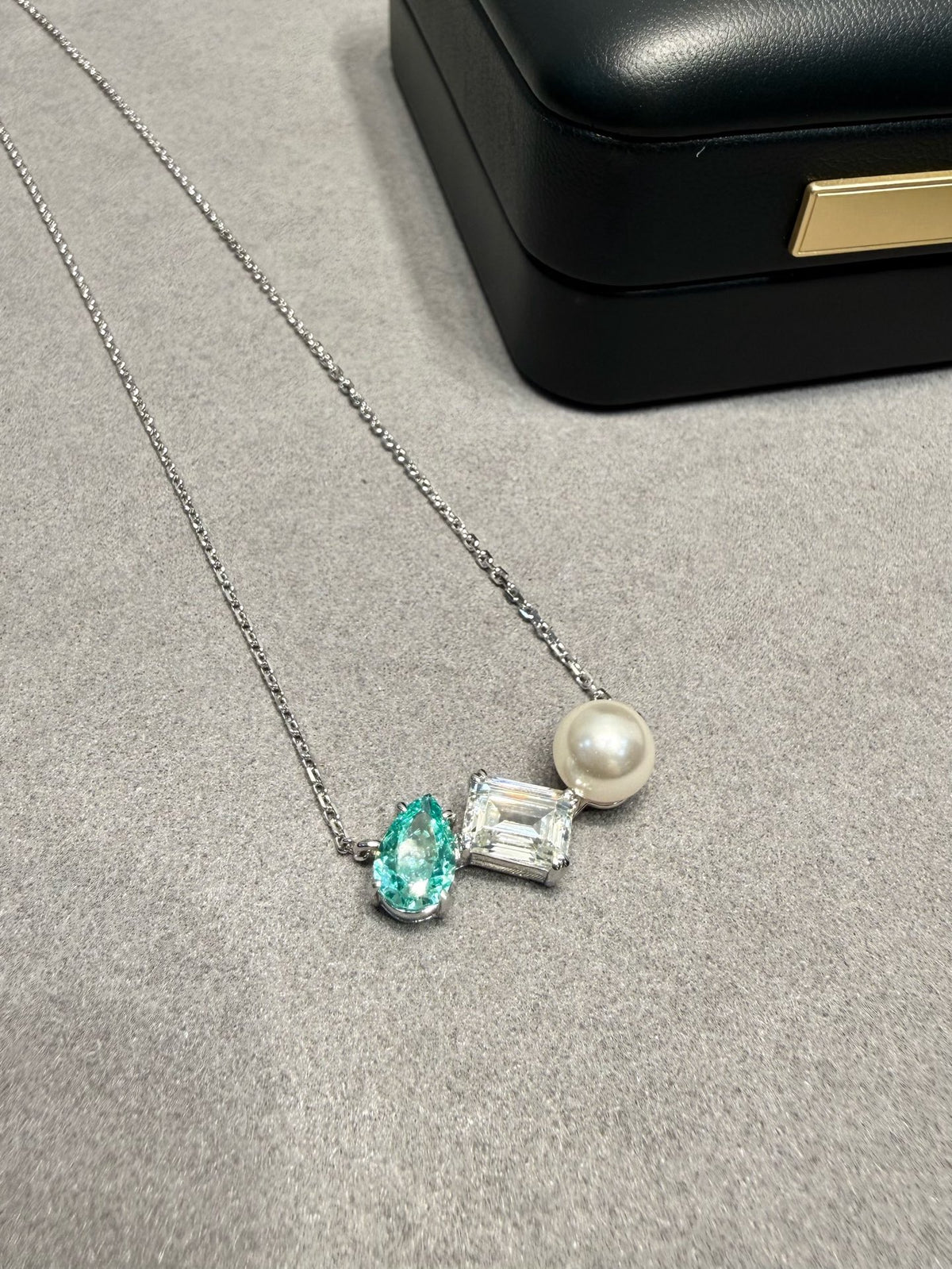 Silver-Tone Triple Gemstone Pendant Necklace, Green Pear Cut Crystal, Clear Emerald Cut Stone & Pearl Detail, Women's Jewelry