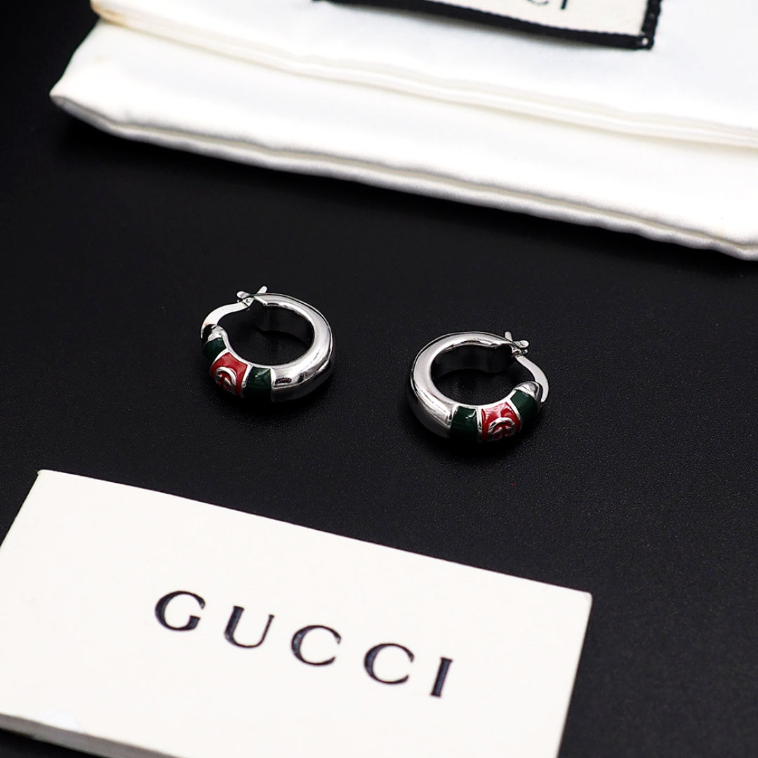 Silver-Tone Red and Green Enamel Hoop Earrings, Double-G Style Logo Stud Hoops, Women's Fashion Jewelry