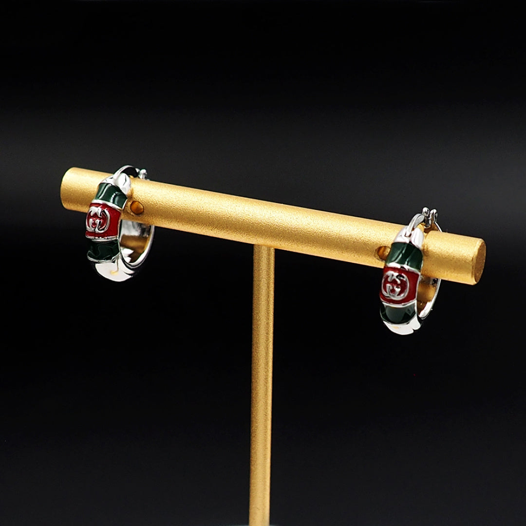 Silver-Tone Red and Green Enamel Hoop Earrings, Double-G Style Logo Stud Hoops, Women's Fashion Jewelry