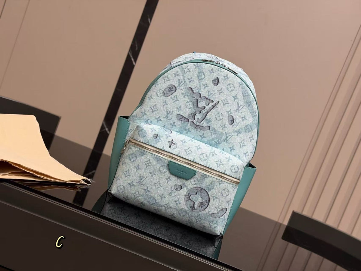 Louis Vuitton Backpack Bag, Monogram Print, Mint Green & White, Leather Trim, Vintage-Inspired Travel Bag