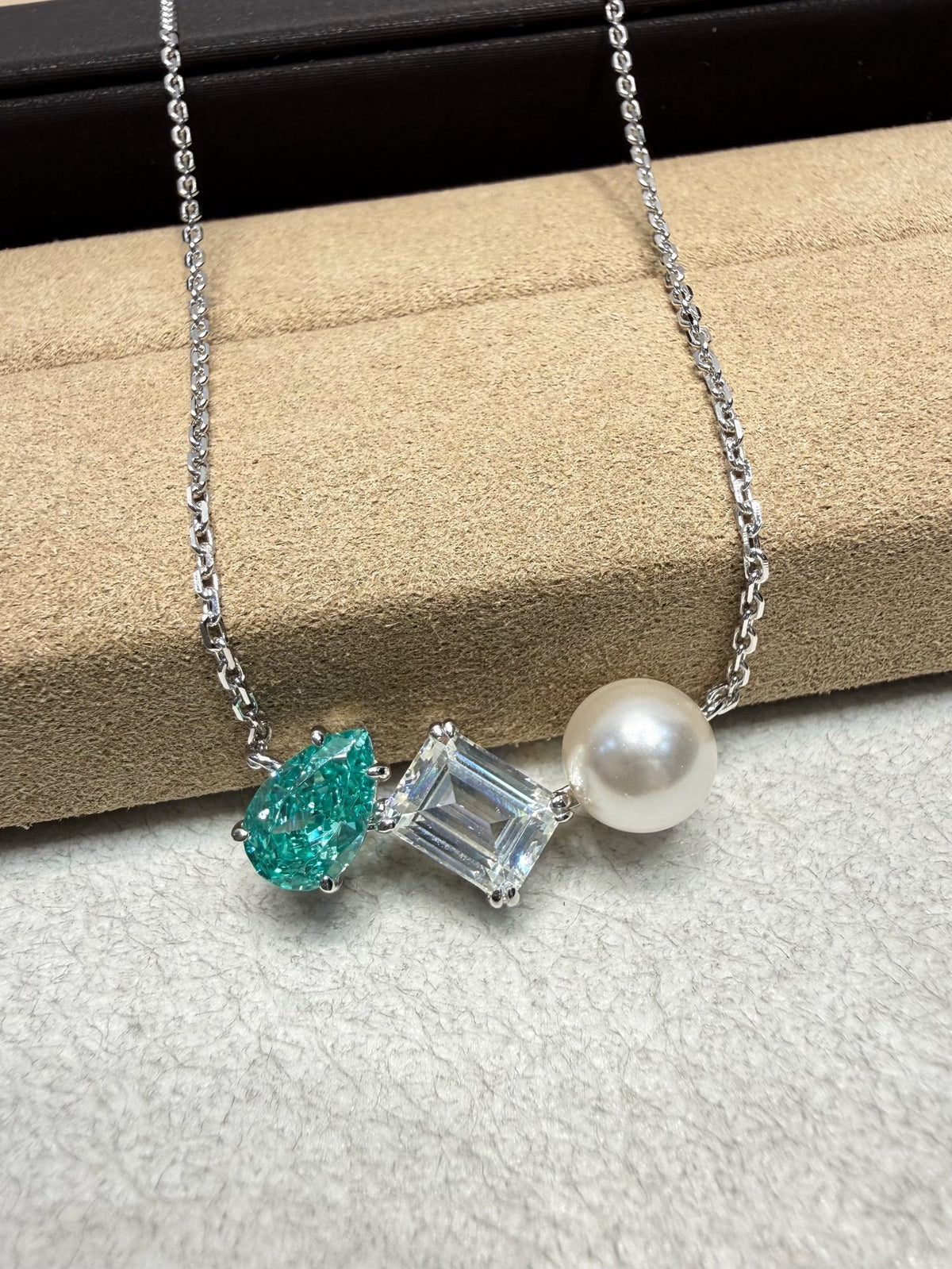 Silver-Tone Triple Gemstone Pendant Necklace, Green Pear Cut Crystal, Clear Emerald Cut Stone & Pearl Detail, Women's Jewelry
