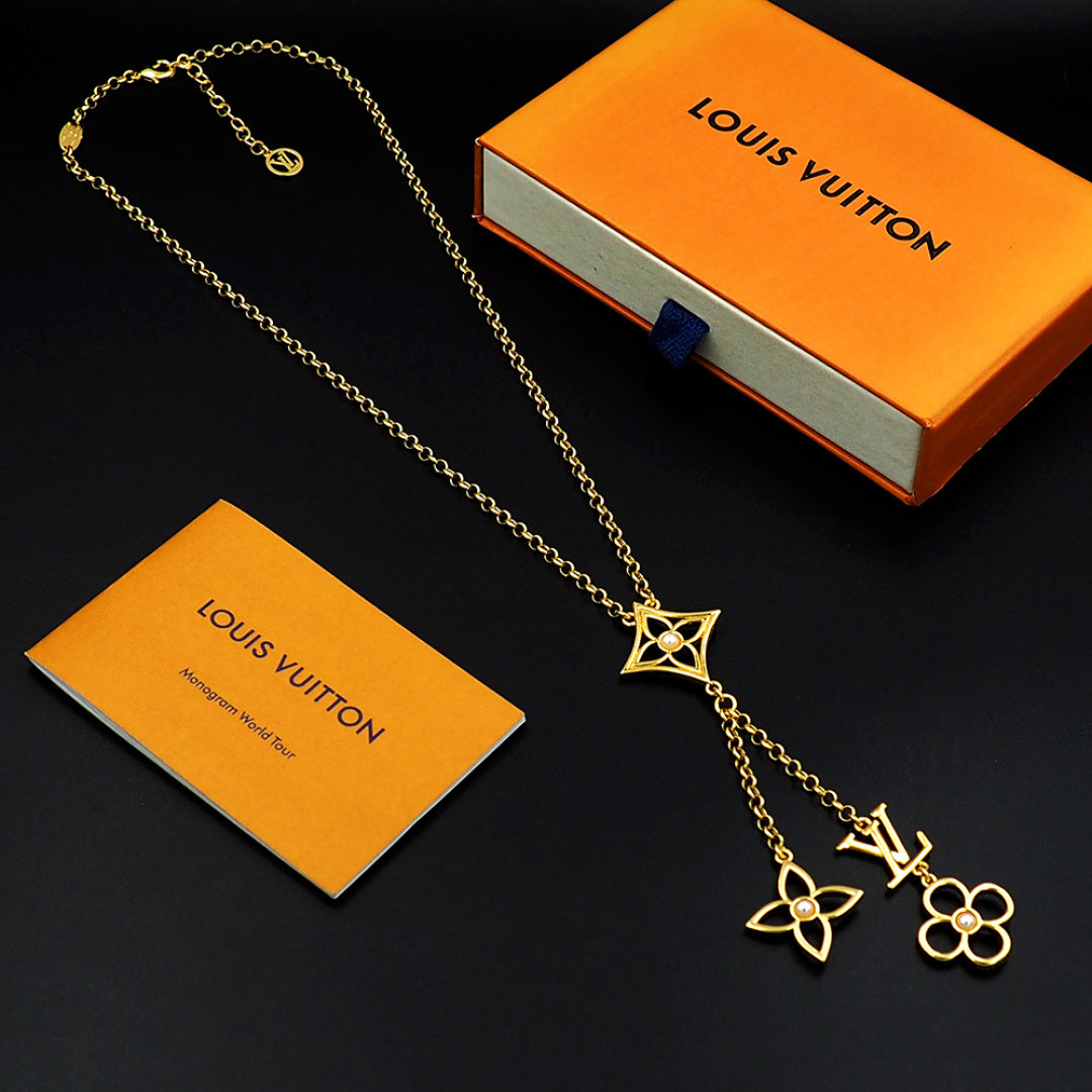 Louis Vuitton Monogram Pendant Necklace, Gold-Tone Chain with LV Floral Charm, Women's Luxury Jewelry