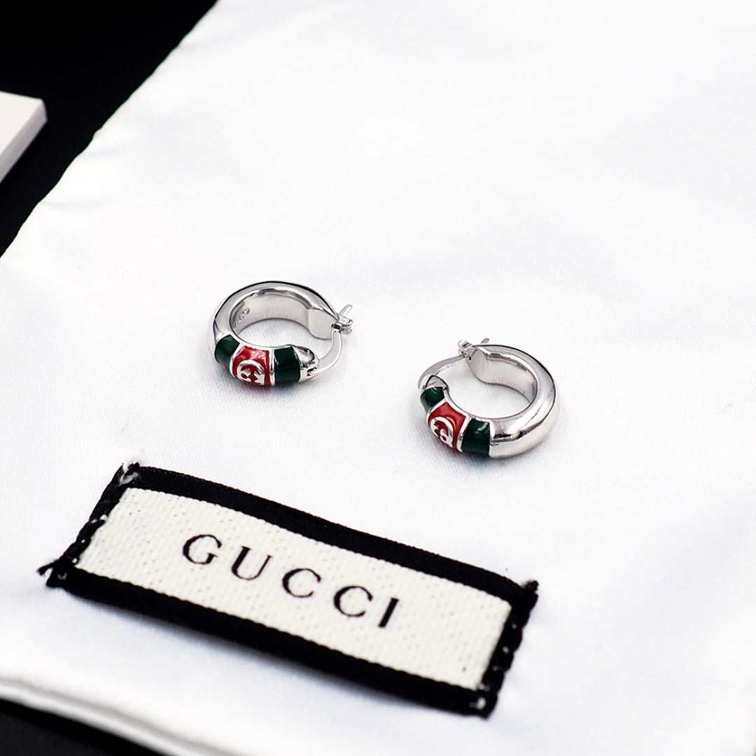 Silver-Tone Red and Green Enamel Hoop Earrings, Double-G Style Logo Stud Hoops, Women's Fashion Jewelry
