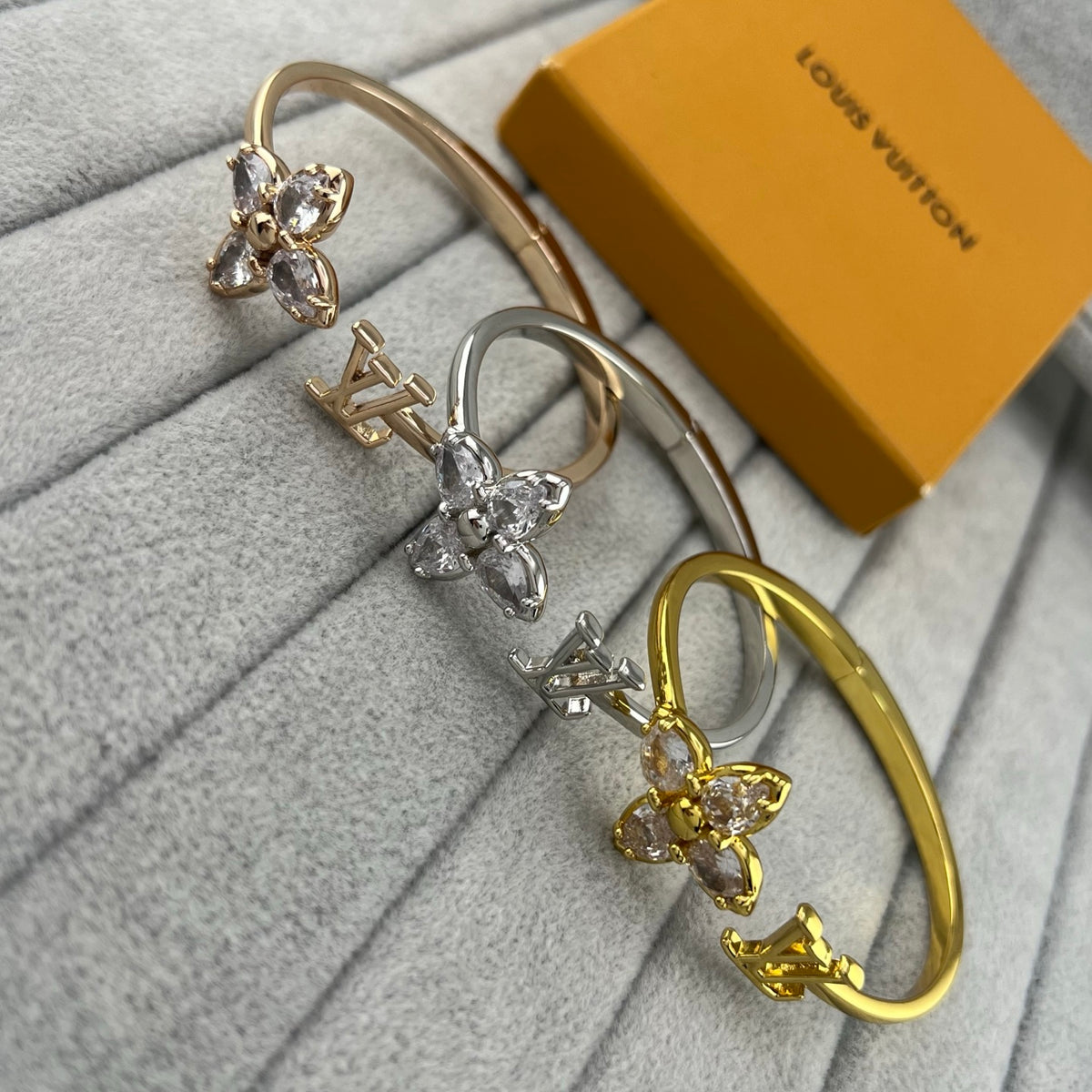 Women's Crystal Flower Bangle Bracelet – Gold, Silver & Rose Gold