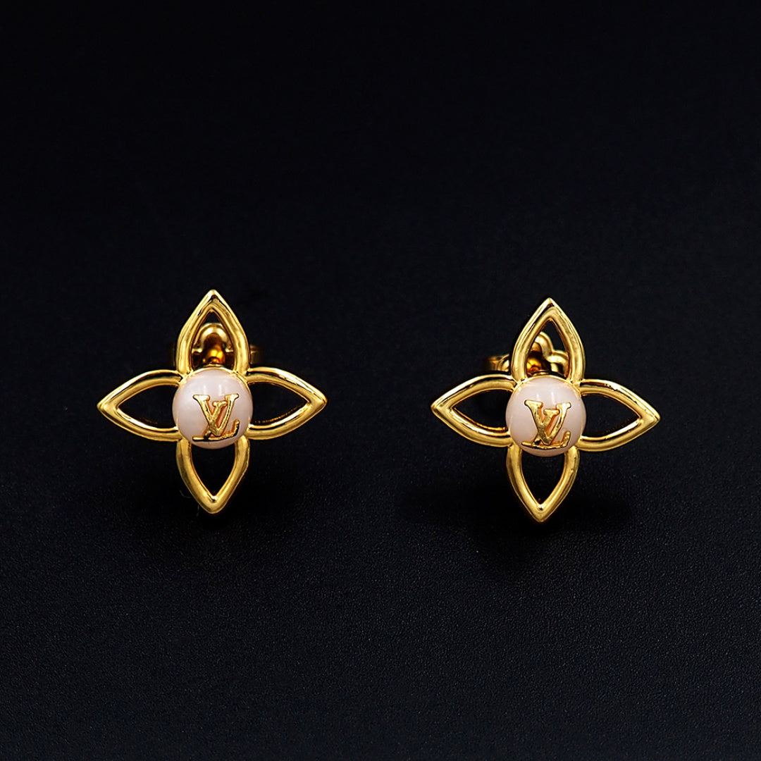 Gold-Tone Floral Stud Earrings with Monogram-Style Center, Elegant Women's Statement Earrings