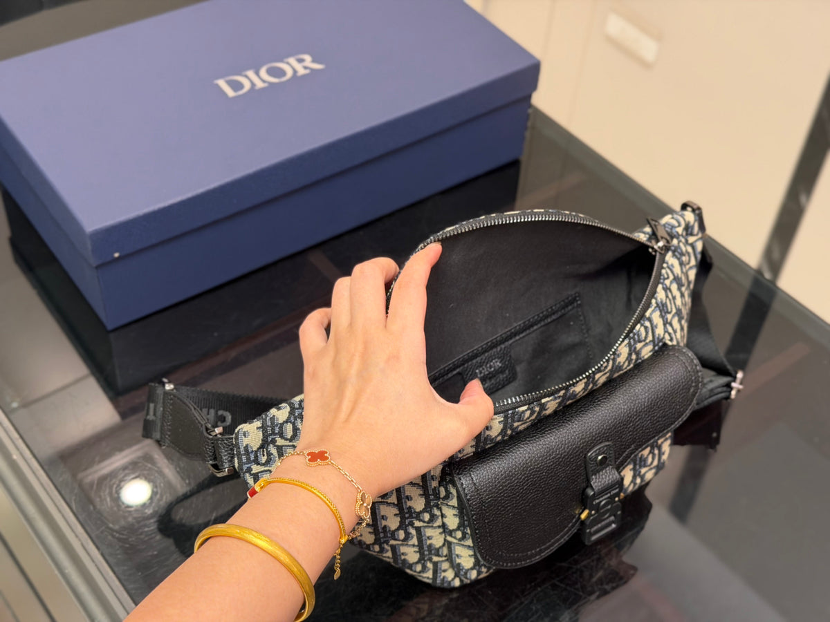 Dior Monogram Canvas Crossbody Bag, Black & Beige Designer Shoulder Pouch with Zipper