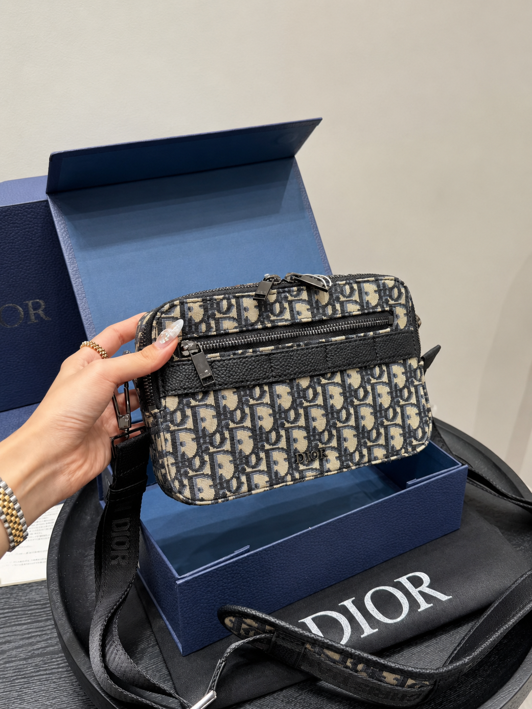 Cristian Dior Monogram Camera Bag, Unused Crossbody Bag, Designer Shoulder Bag, Beige Black Monogram Handbag