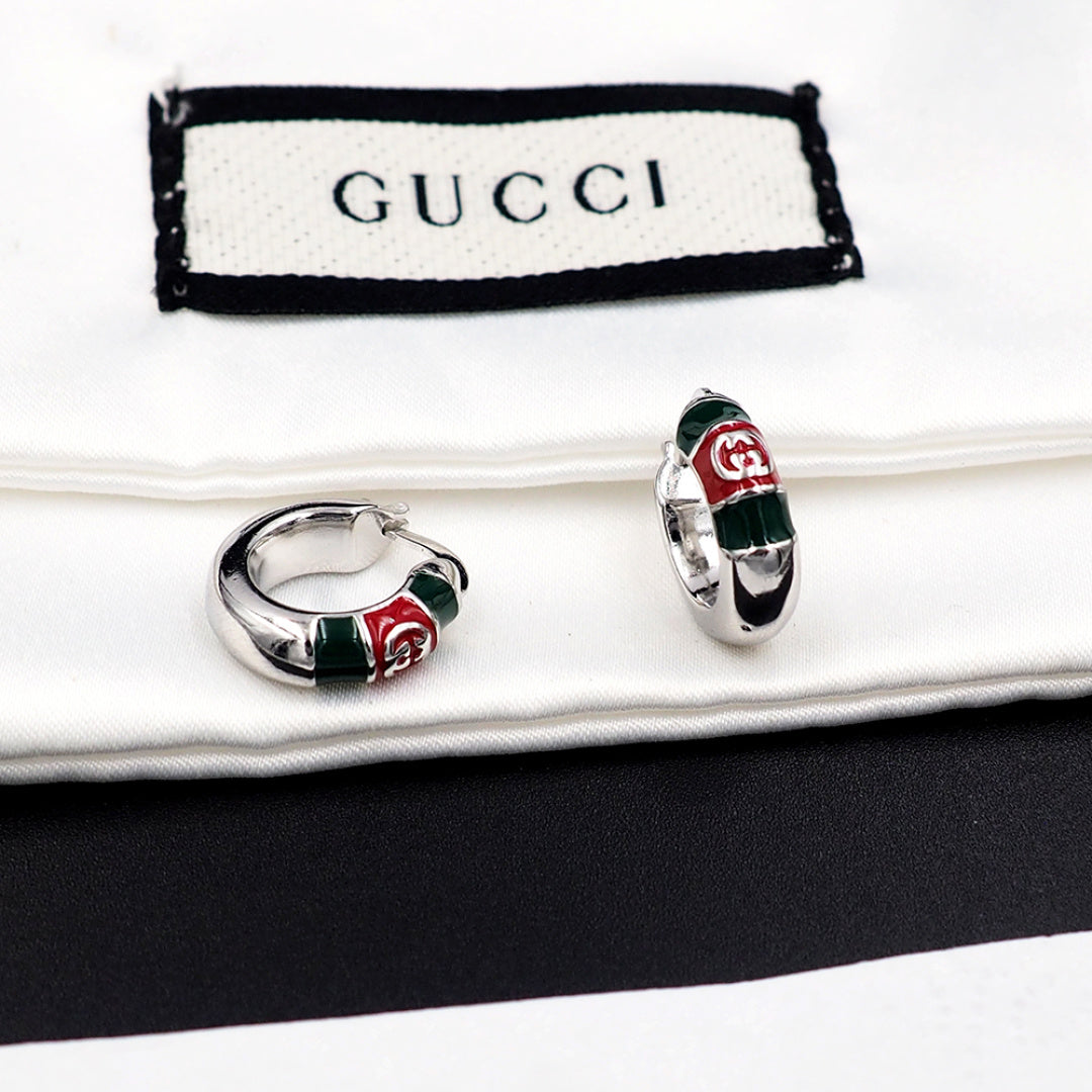 Silver-Tone Red and Green Enamel Hoop Earrings, Double-G Style Logo Stud Hoops, Women's Fashion Jewelry
