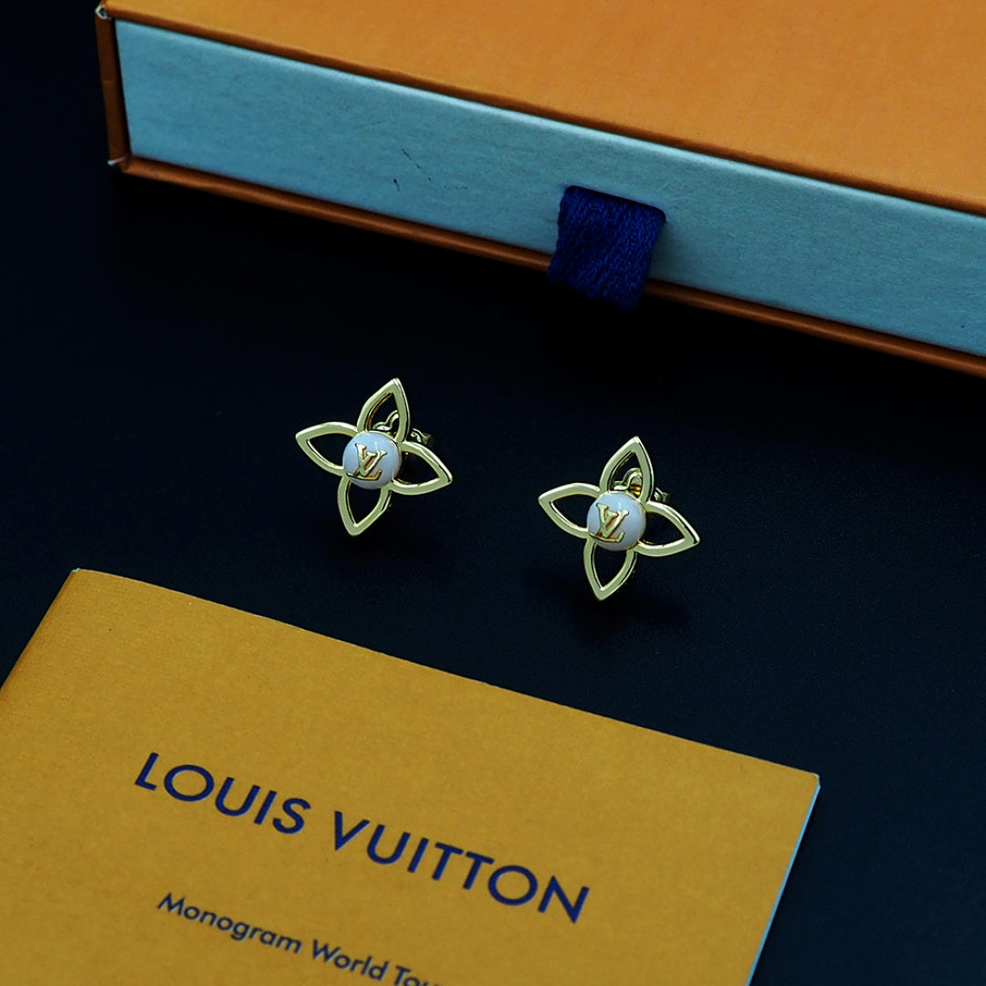 Gold-Tone Floral Stud Earrings with Monogram-Style Center, Elegant Women's Statement Earrings