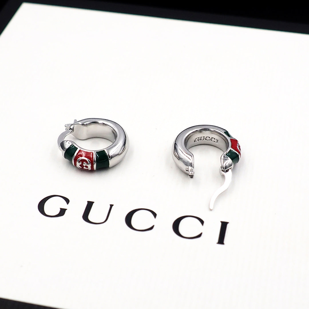 Silver-Tone Red and Green Enamel Hoop Earrings, Double-G Style Logo Stud Hoops, Women's Fashion Jewelry