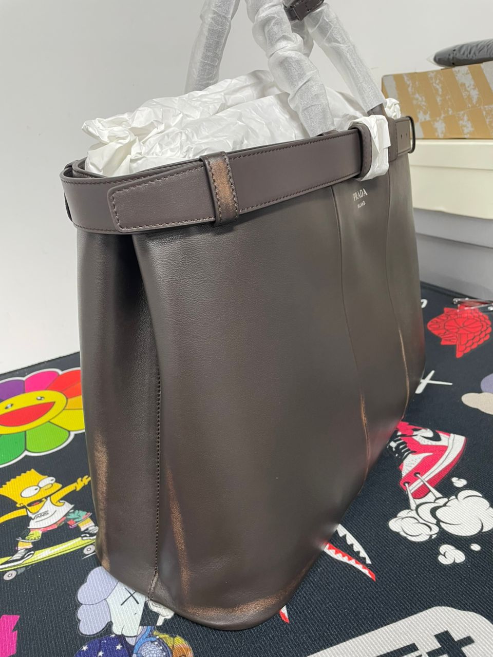 Prada Brown Leather Tote Bag, Structured Handbag, Large Everyday Work Bag, Top Handle Purse, Minimalist Designer Bag