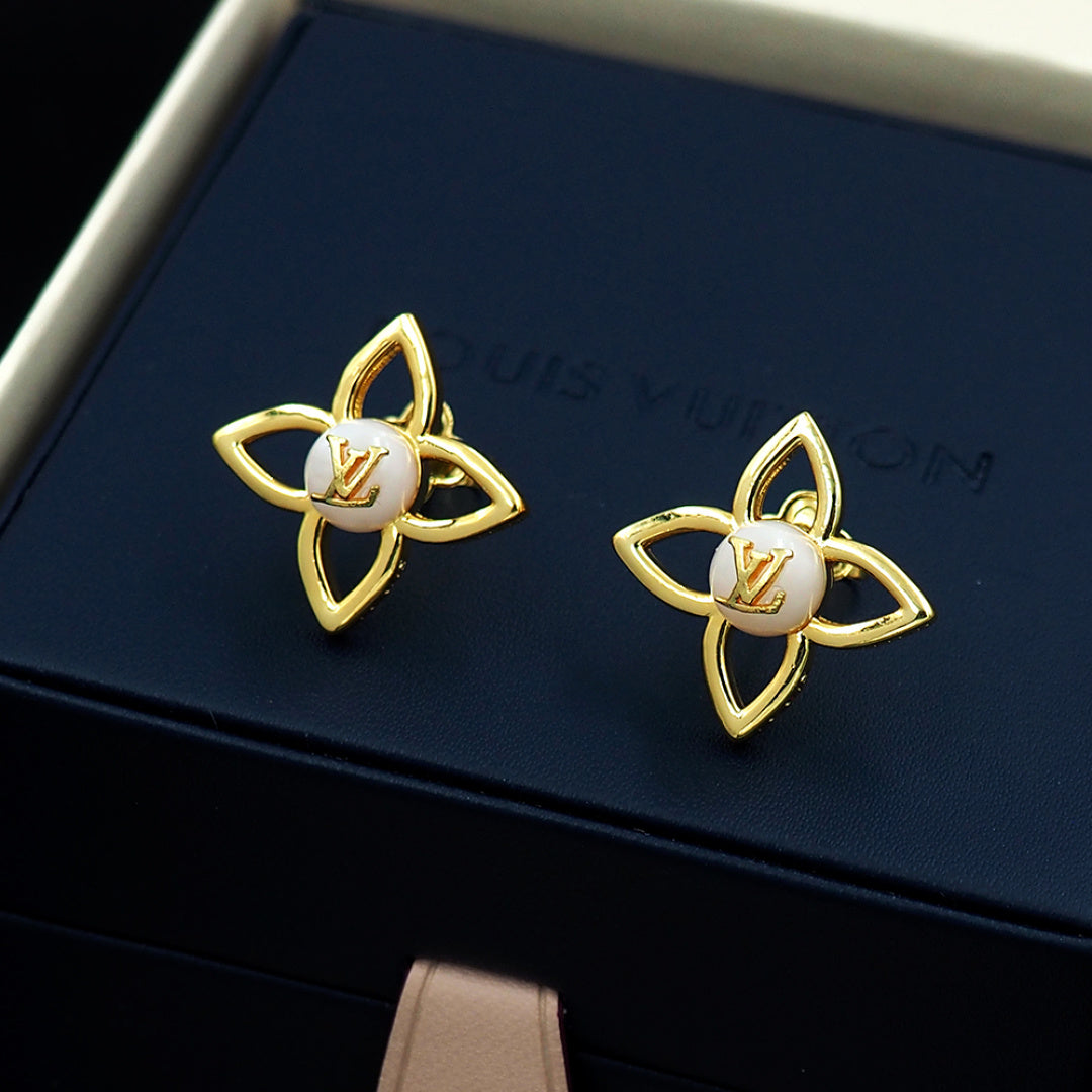 Gold-Tone Floral Stud Earrings with Monogram-Style Center, Elegant Women's Statement Earrings