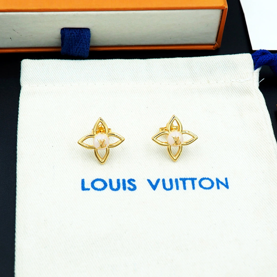 Gold-Tone Floral Stud Earrings with Monogram-Style Center, Elegant Women's Statement Earrings