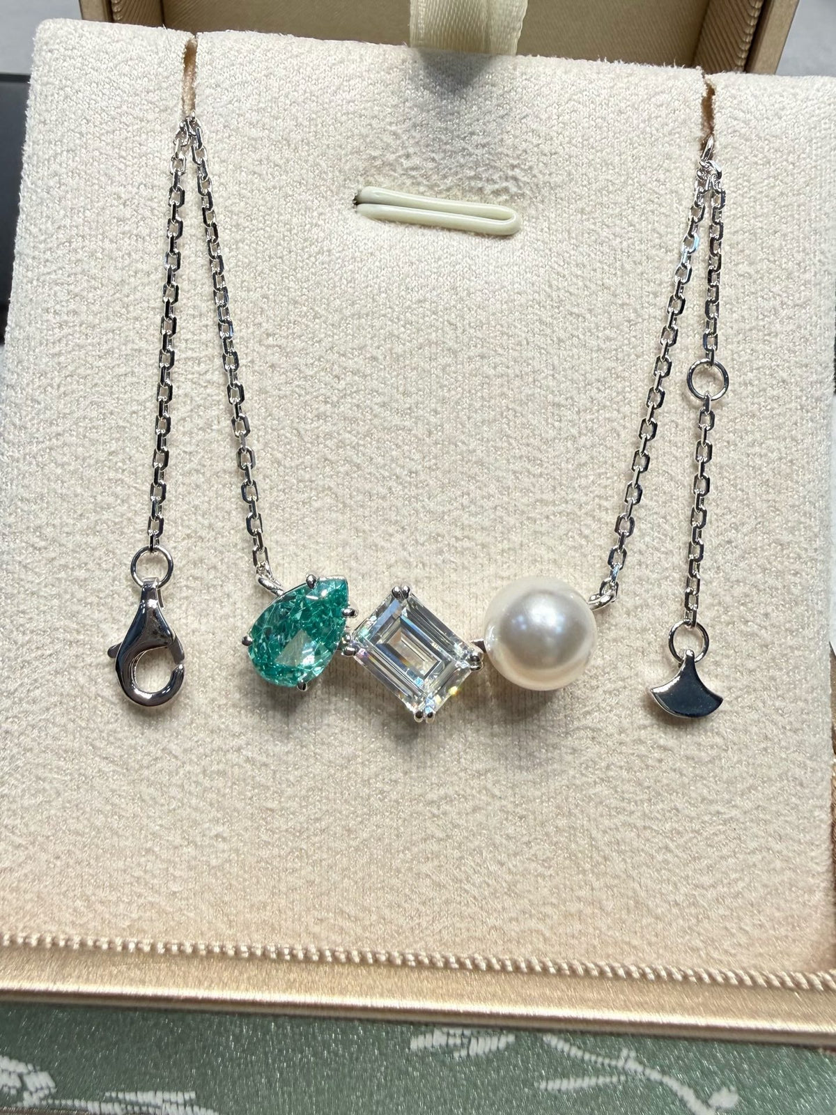 Silver-Tone Triple Gemstone Pendant Necklace, Green Pear Cut Crystal, Clear Emerald Cut Stone & Pearl Detail, Women's Jewelry
