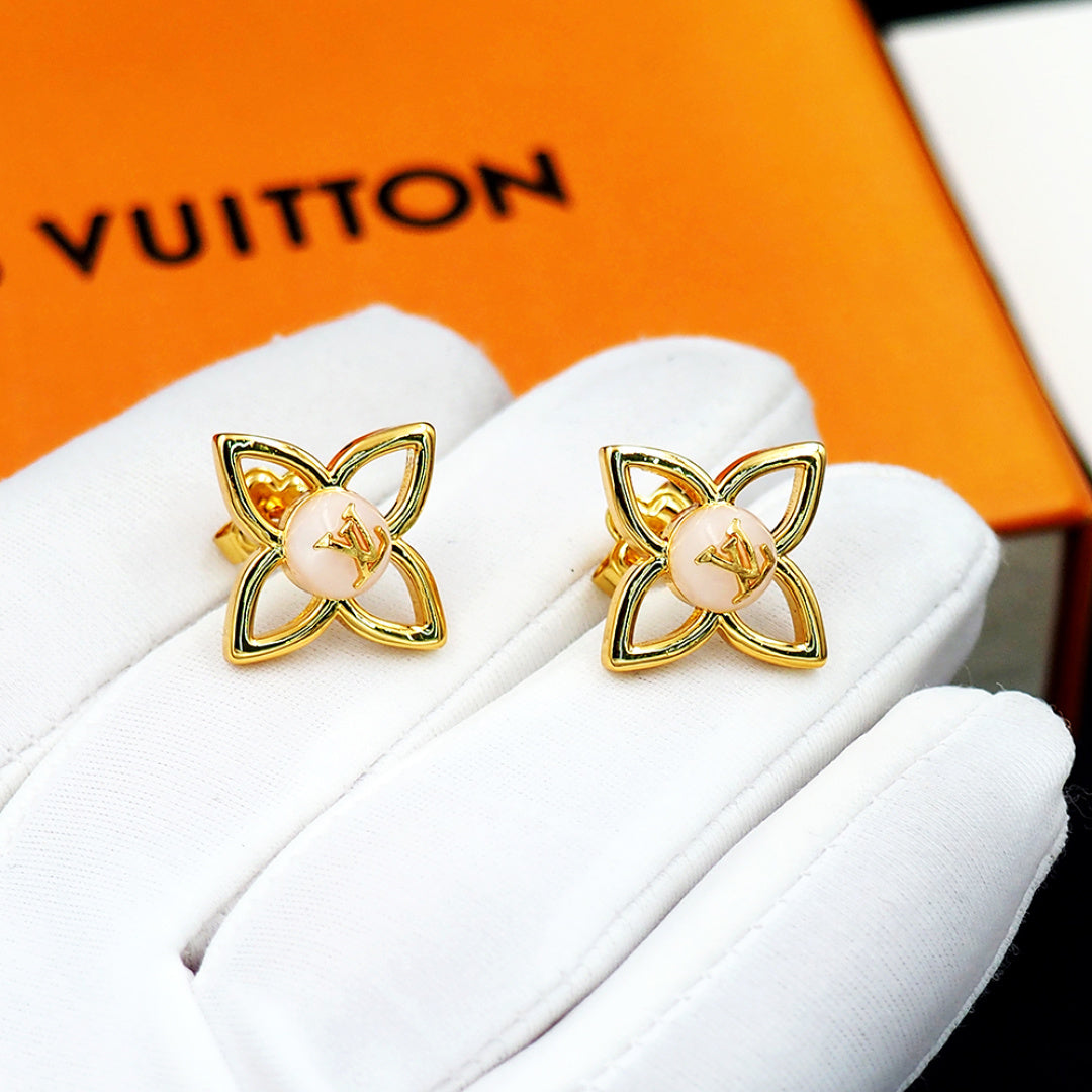 Gold-Tone Floral Stud Earrings with Monogram-Style Center, Elegant Women's Statement Earrings
