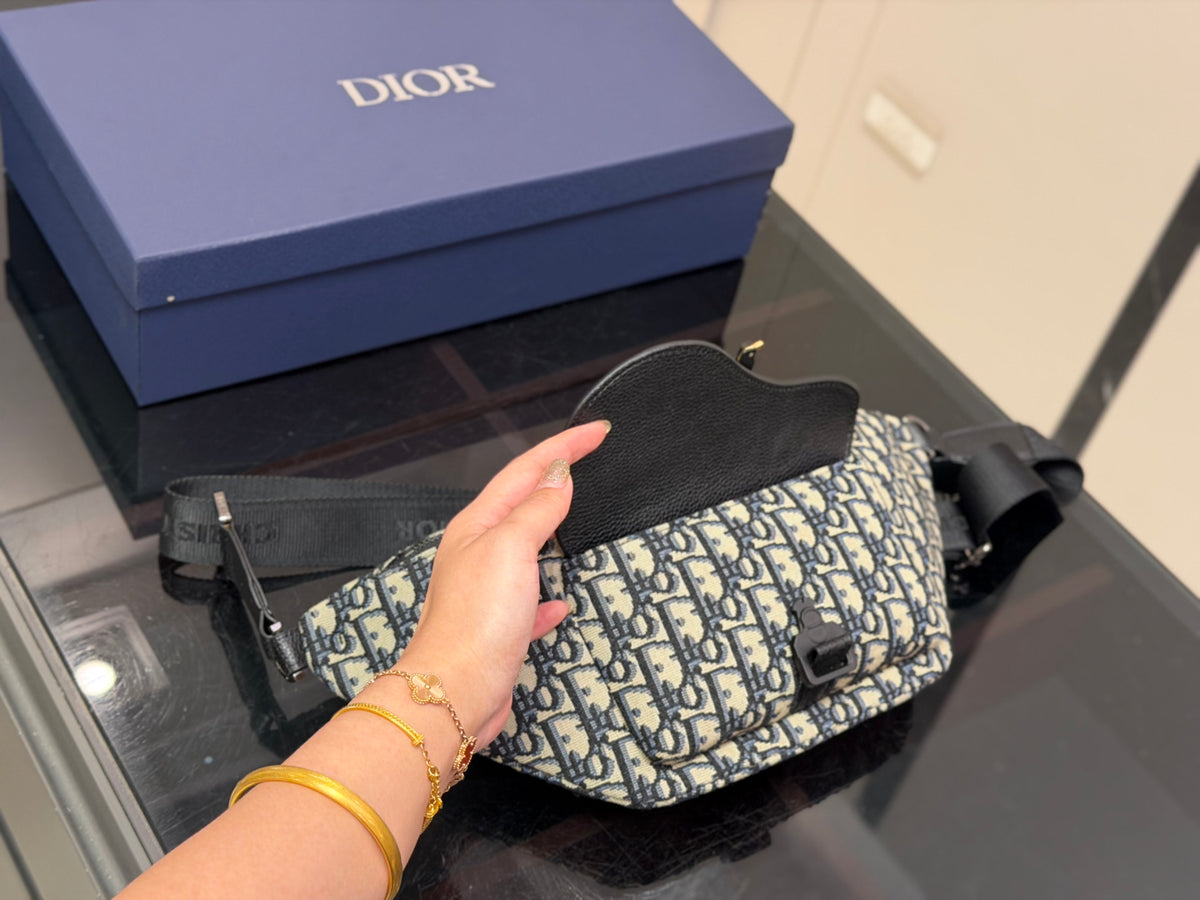 Dior Monogram Canvas Crossbody Bag, Black & Beige Designer Shoulder Pouch with Zipper