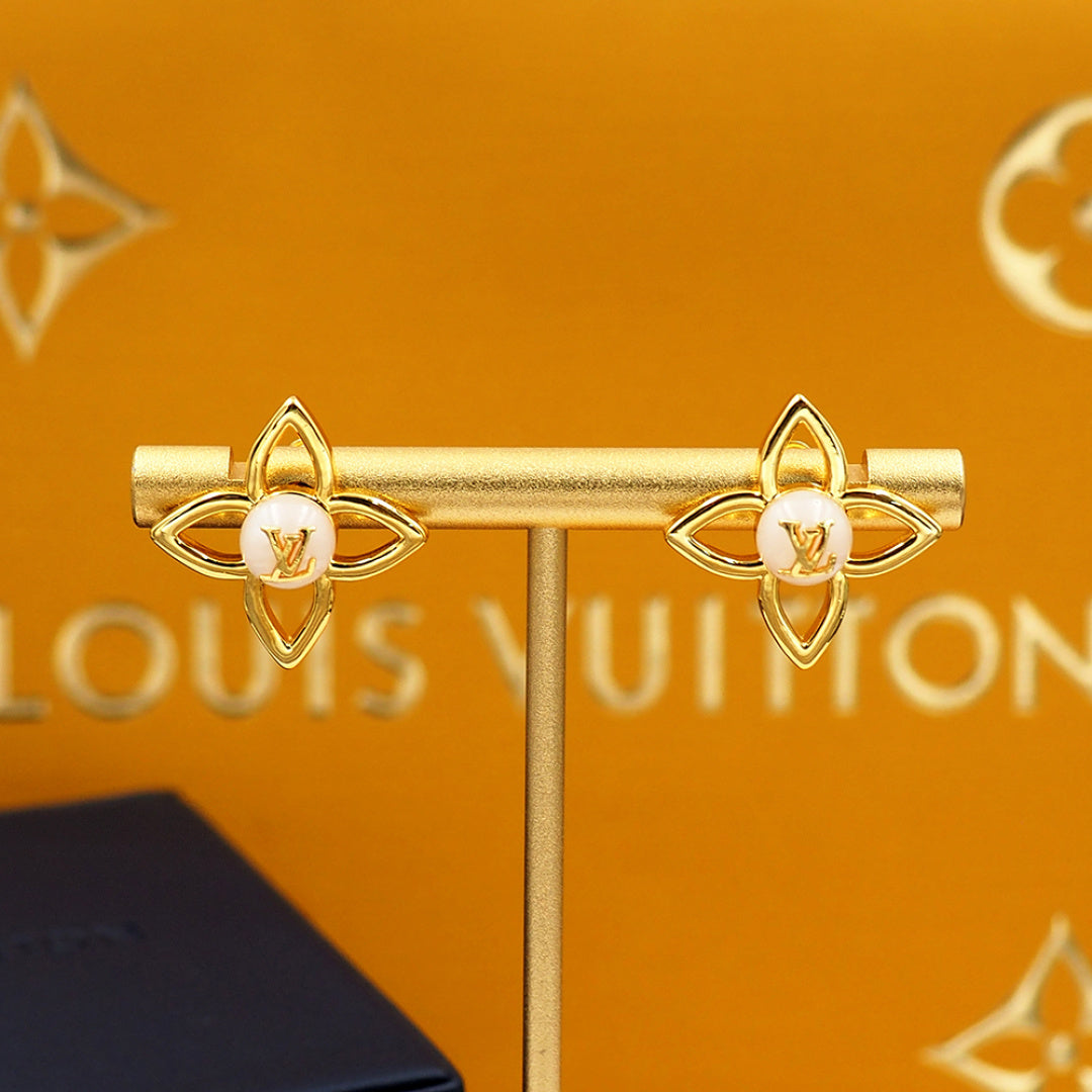 Gold-Tone Floral Stud Earrings with Monogram-Style Center, Elegant Women's Statement Earrings
