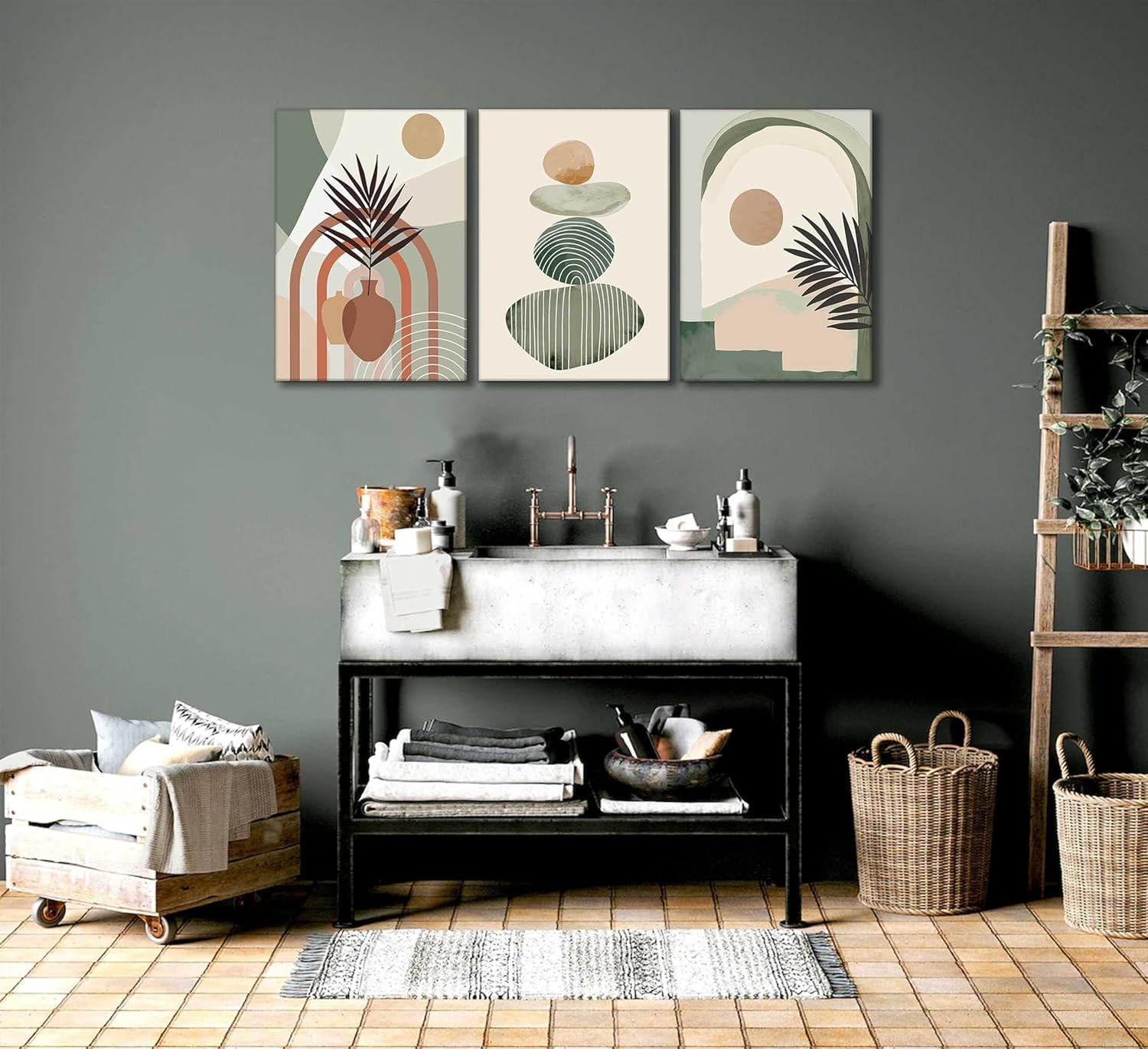 Boho Canvas Wall Art Set 3 Pcs Framed Botanical Decor