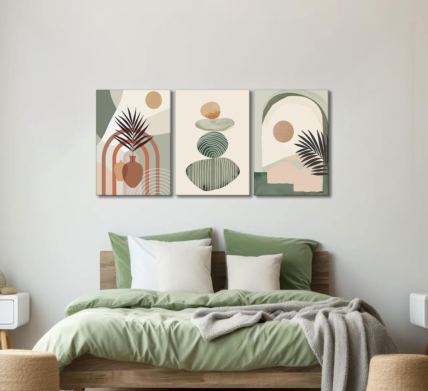 Boho Canvas Wall Art Set 3 Pcs Framed Botanical Decor