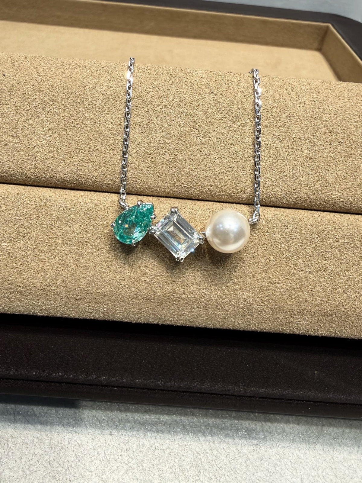 Silver-Tone Triple Gemstone Pendant Necklace, Green Pear Cut Crystal, Clear Emerald Cut Stone & Pearl Detail, Women's Jewelry