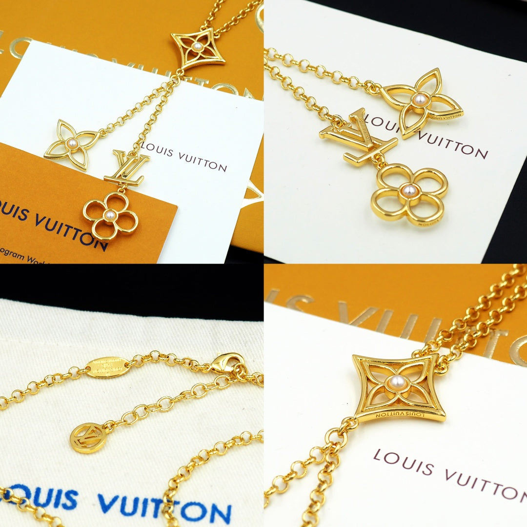 Louis Vuitton Monogram Pendant Necklace, Gold-Tone Chain with LV Floral Charm, Women's Luxury Jewelry