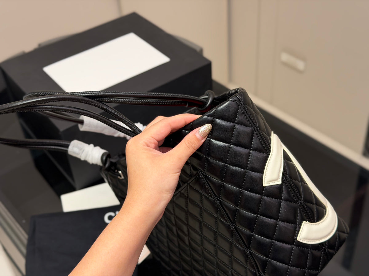Black Quilted Leather Tote Bag with Interlocking CC Logo, Luxury Shoulder Bag, Large Women's Handbag