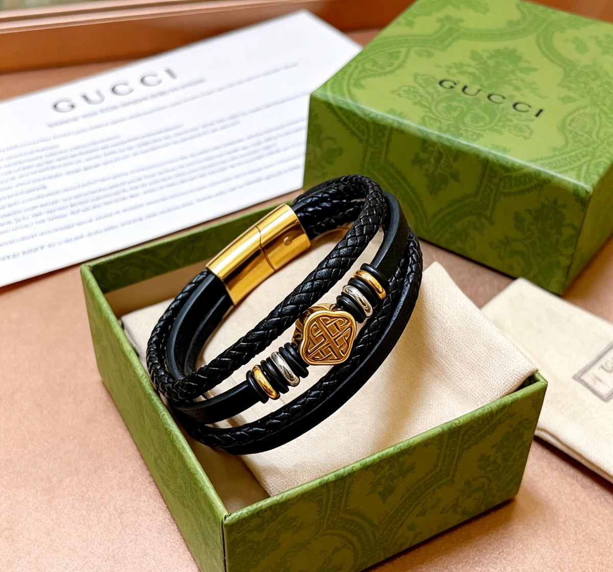 Men's Black Braided Leather Bracelet with Gold-Tone Charm – Stylish Multi-Layer Wristband