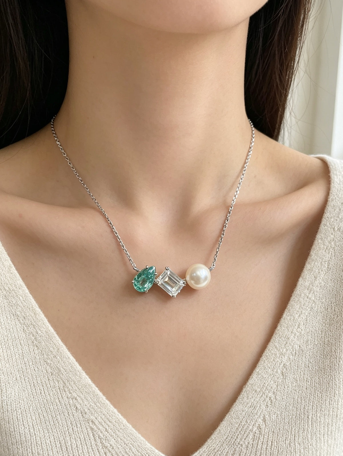 Silver-Tone Triple Gemstone Pendant Necklace, Green Pear Cut Crystal, Clear Emerald Cut Stone & Pearl Detail, Women's Jewelry