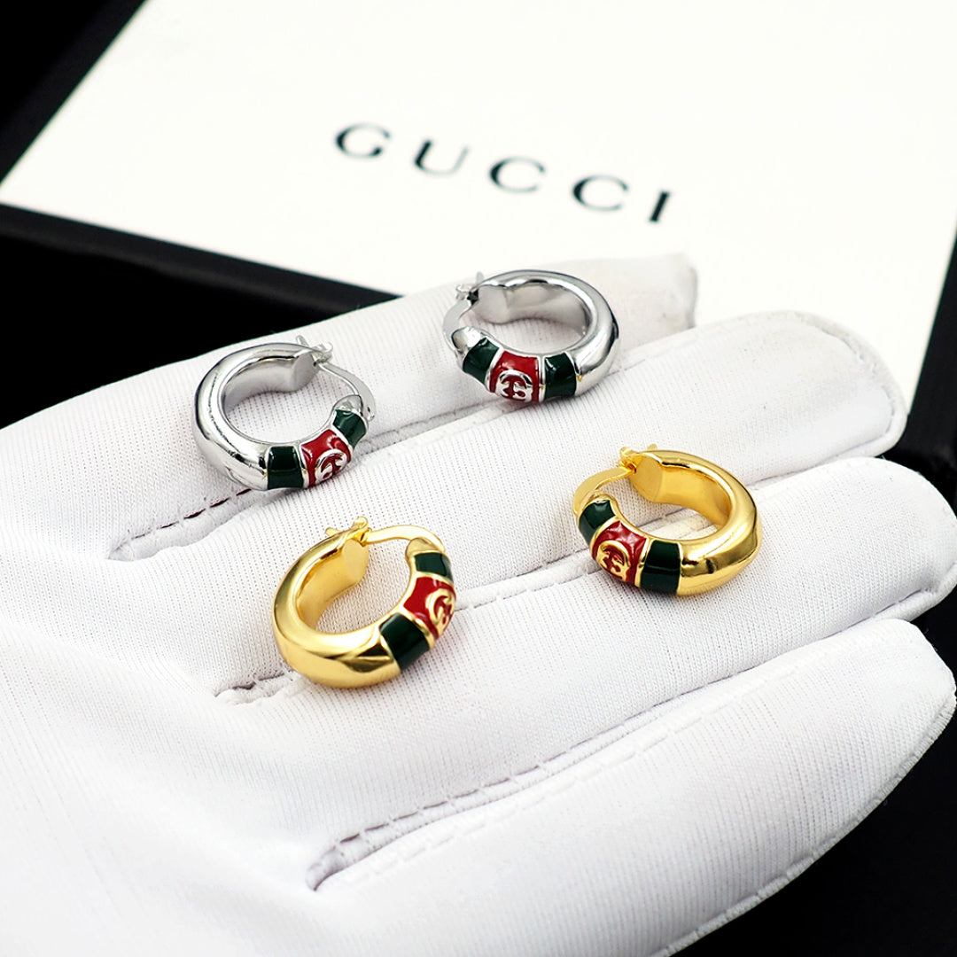 Silver-Tone Red and Green Enamel Hoop Earrings, Double-G Style Logo Stud Hoops, Women's Fashion Jewelry