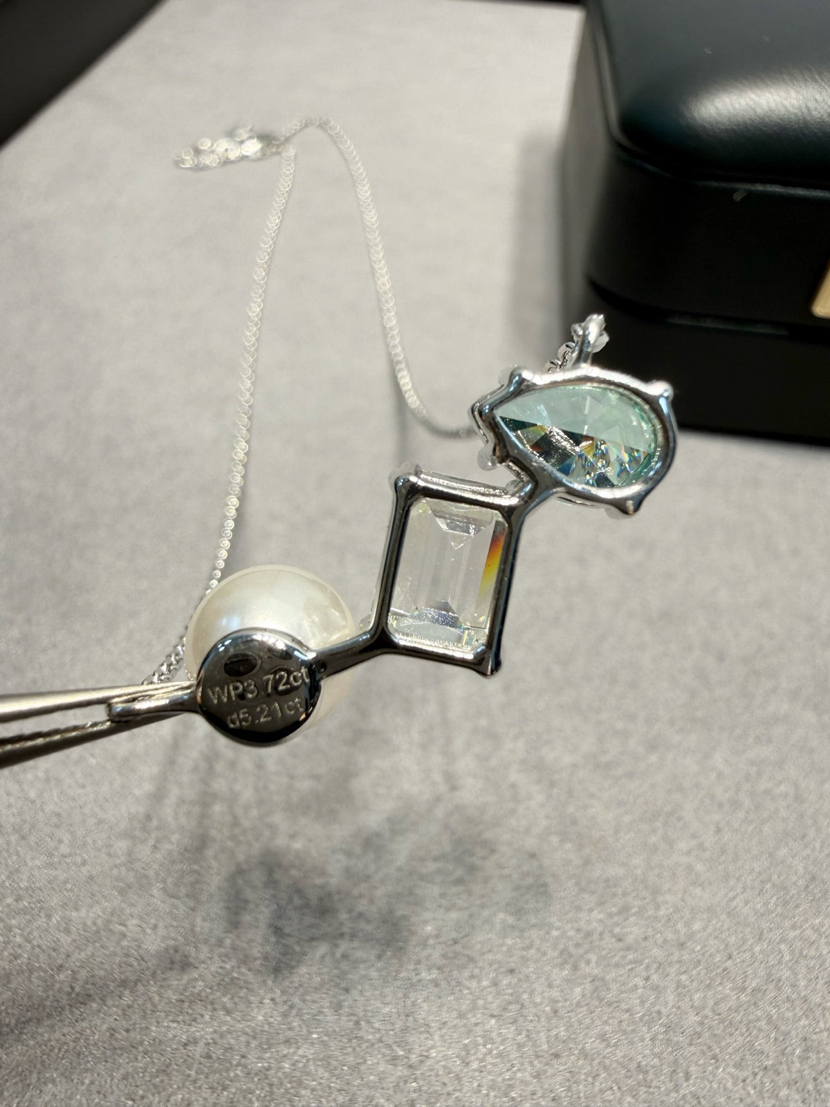 Silver-Tone Triple Gemstone Pendant Necklace, Green Pear Cut Crystal, Clear Emerald Cut Stone & Pearl Detail, Women's Jewelry