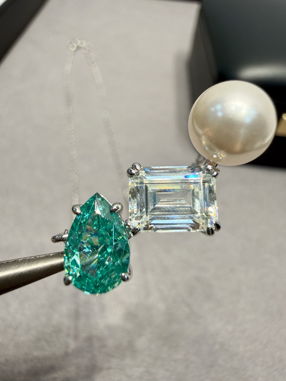 Silver-Tone Triple Gemstone Pendant Necklace, Green Pear Cut Crystal, Clear Emerald Cut Stone & Pearl Detail, Women's Jewelry