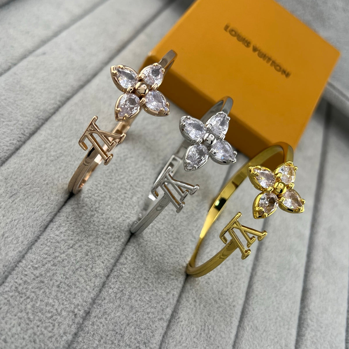 Women's Crystal Flower Bangle Bracelet – Gold, Silver & Rose Gold