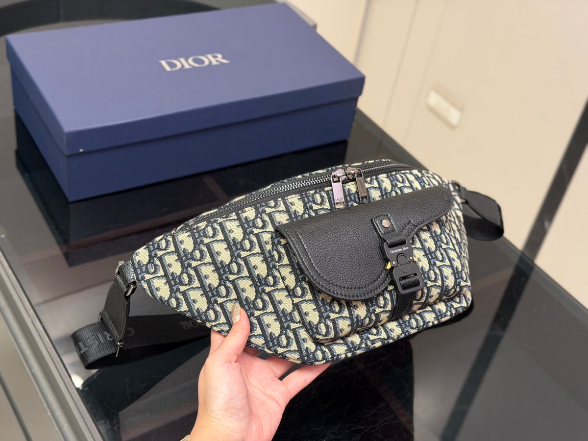 Dior Monogram Canvas Crossbody Bag, Black & Beige Designer Shoulder Pouch with Zipper