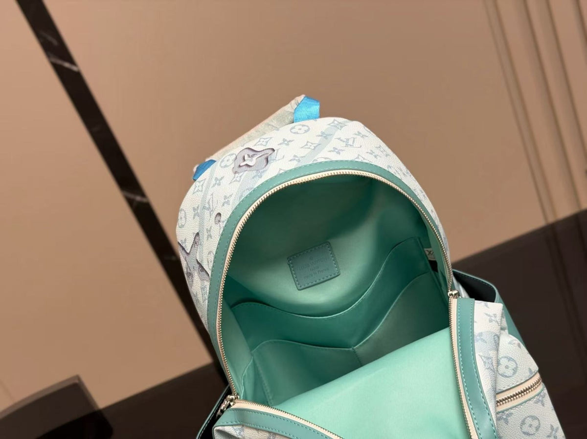 Louis Vuitton Backpack Bag, Monogram Print, Mint Green & White, Leather Trim, Vintage-Inspired Travel Bag