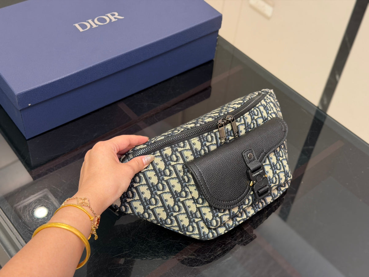 Dior Monogram Canvas Crossbody Bag, Black & Beige Designer Shoulder Pouch with Zipper