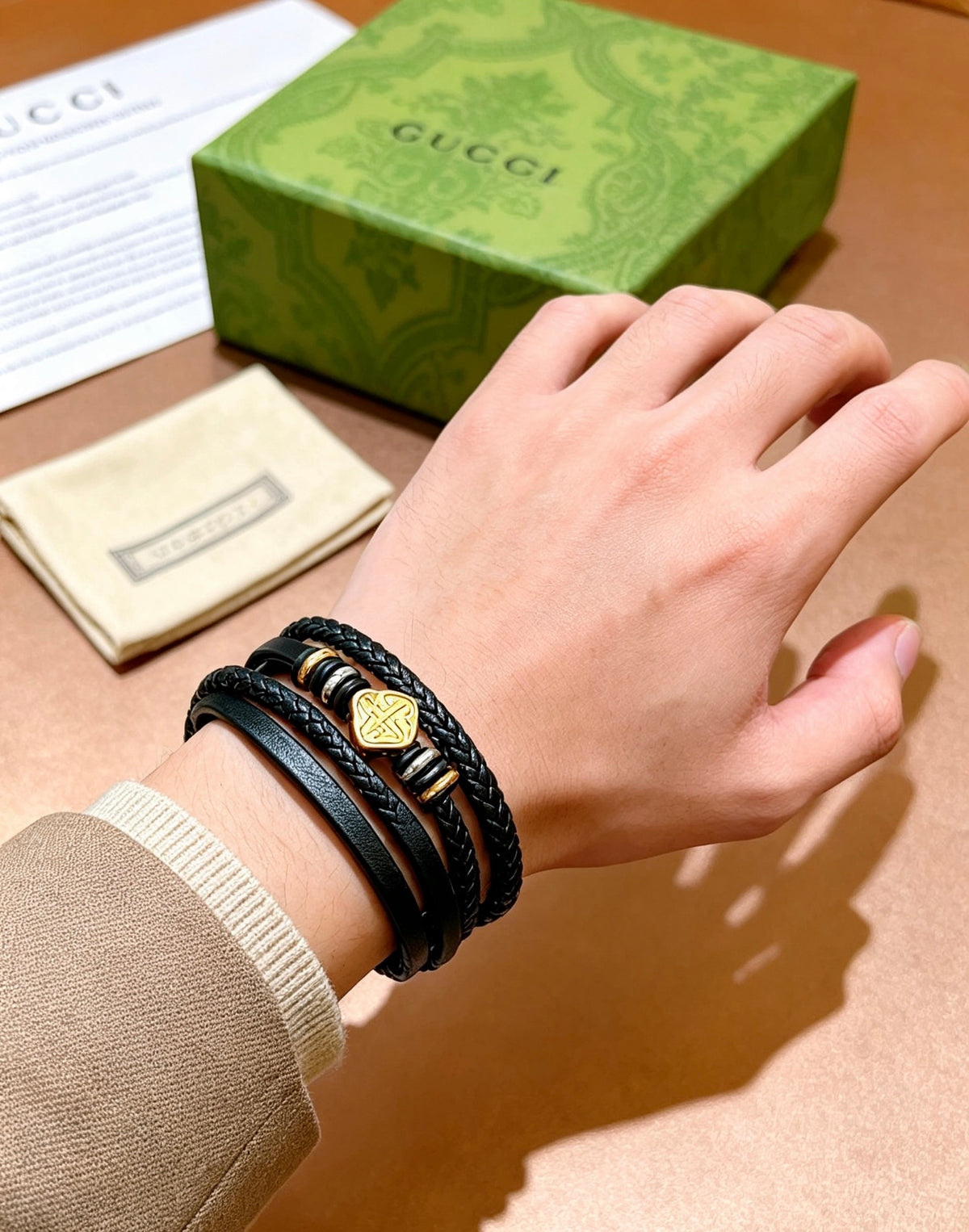 Men's Black Braided Leather Bracelet with Gold-Tone Charm – Stylish Multi-Layer Wristband